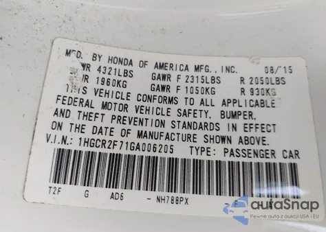 2016 Honda Accord Ex from USA, damaged, VIN 1HGCR2F71GA006205